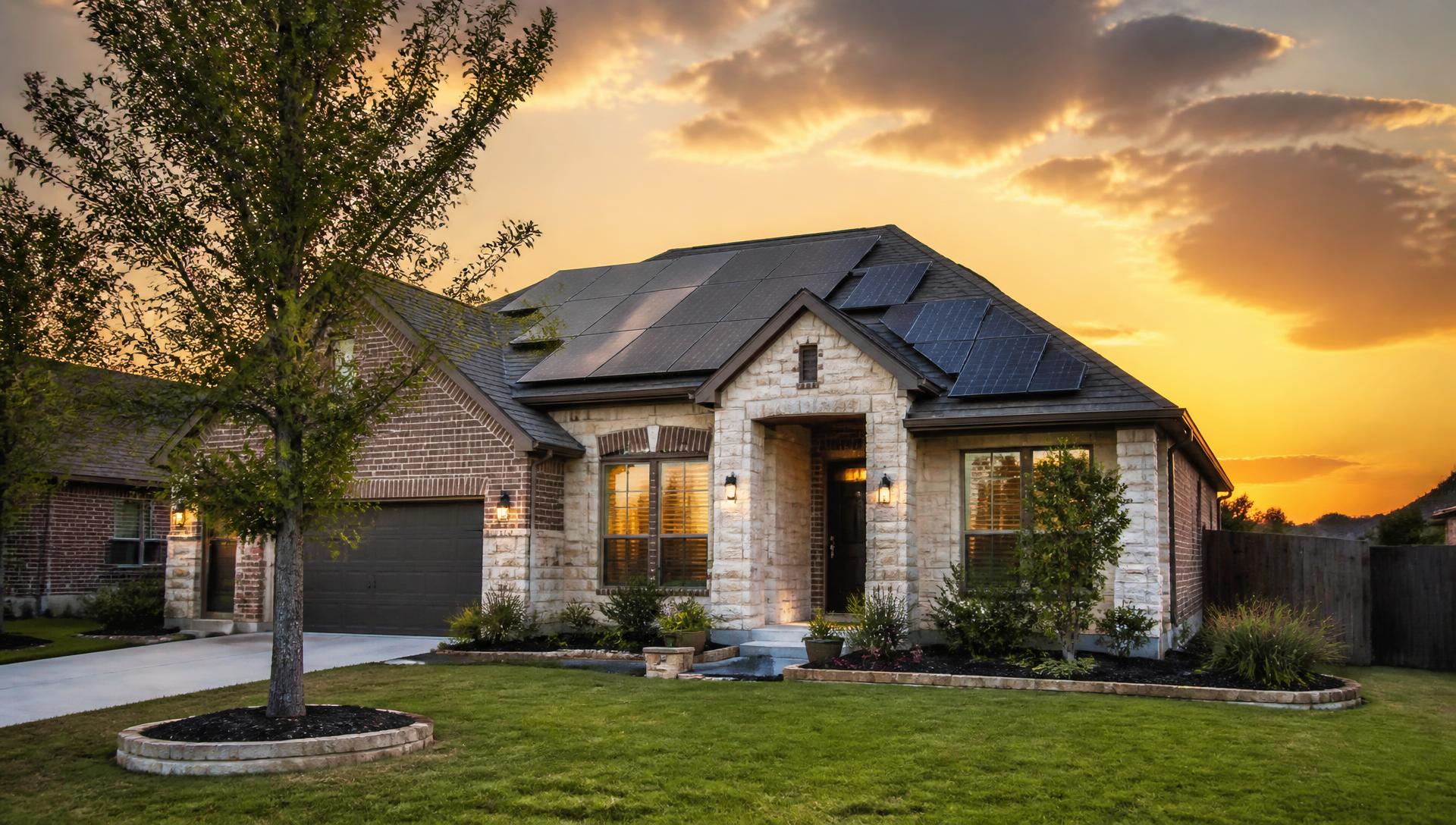 Texas home with rooftop solar panels at sunset